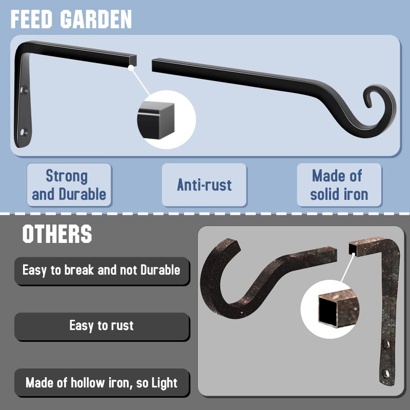FEED GARDEN 15 Inch 2 Pack Hand-Forged Hanging Plant Bracket Heavy Duty Metal Plant Hangers for Outdoor Hanging Bird Feeders Lanterns Wind Chimes Black - Image 4
